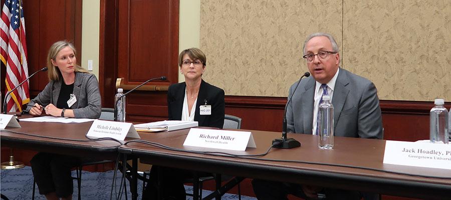 Molly Smith, vice president of coverage and state issues forum at AHA, Michelle Lindsley, vice president of managed care at Memorial Hermann Health System, and Richard Miller, executive vice president and chief business strategy officer at Northwell Health, speak at AHA’s briefing today on Capitol Hill urging Congress to protect patients from surprise medical bills.