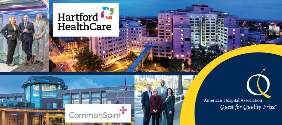 A split image showing Hartford HealthCare's logo and hospital building at the top with three of their hospital executives shown to the right. Underneath is the CommonSpirit Health logo and hospital building with four hospital executives standing to the right. In the bottom right corner is the Quest for Quality Prize logo and branding.