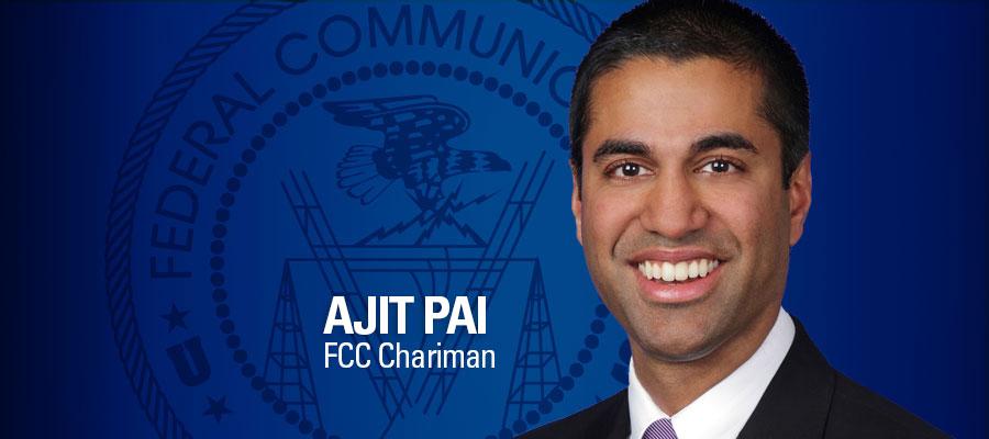 Image of FCC Chairman Ajit Pai, with blue background