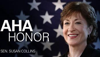 image of Susan Collins in front of American flag under white text that says "AHA Honor, Sen. Susan Collins"