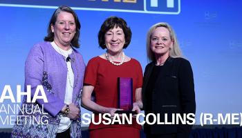 Sen. Susan Collins accepts the AHA Honorary Life Membership Award from Michelle Hood and Kris Doody