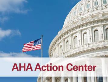 AHA Action Center. U. S. Capitol building with the United States flag flying next to it.