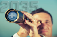 3 Societal Shifts That Will Reshape Health Care by 2035. A businessman looking through a spyglass with a plus symbol on the lens under the year 2035.