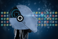 How to Respond to the Great Digital Disruption. A robot head in profile against a background of app icons.