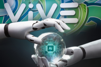 4 Near-Term AI Predictions from ViVE. The ViVE logo in the background behind two robot hands holding a glass ball with an AI icon floating in the middle of it.
