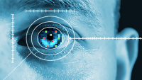 Nebraska Medicine Targets Earlier Diabetic Retinopathy Detection with AI. A closeup on a man's face with a focus on his left eye, which is being digitally scanned for diabetic retinopathy and evaluated by AI.