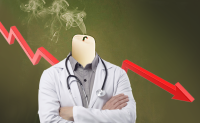 Work Remains, but Physician Burnout Rates Are Coming Down. A physician with an extinguished candle for a head in the foreground with a downward trending graph in the background showing that physician burnout is declining.